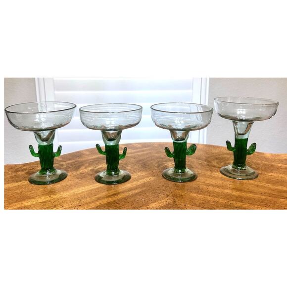 Saguaro Cactus Green Stem Large Margarita Glasses Hand Blown-Set of 4! - Picture 2 of 7